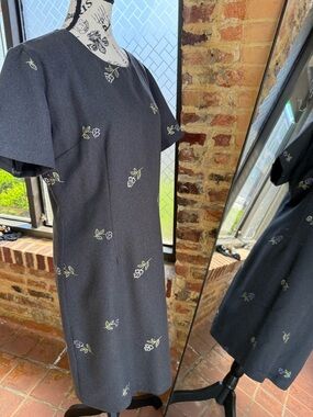 coobie Black Midi Dress with Small Green & White Floral Embroidery